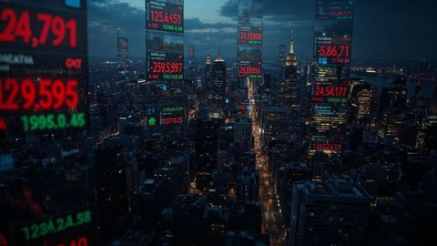Majestic cityscape with floating digital online trading stock tickers at dusk