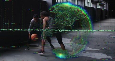 Urban one-on-one basketball in warehouse featuring digital data globe and glitch motion