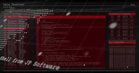 Displaying Red Cyber Terminal UI Showing Code, ID List, Hex Encrypt Table, Glitch