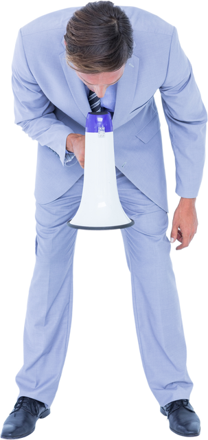 Transparent Businessman Talking into Megaphone in Light Blue Suit - Download Free Stock Videos Pikwizard.com