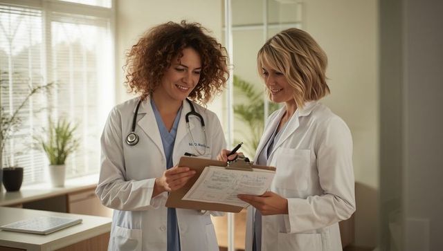 Female doctors collaborating in modern medical office with patient chart