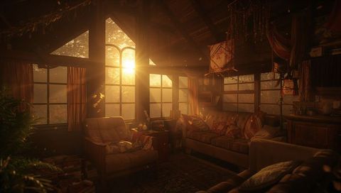 Golden Hour Sunlight Bathing Rustic Cabin Living Room, Cozy Armchair Sofa and Textiles