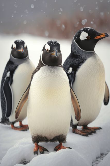 Three Adélie penguins standing on a snowy terrain, likely in an Antarctic setting, representing wildlife in harsh climates. Perfect for nature documentaries, wildlife conservation campaigns, educational materials, and publications focusing on polar regions. Can also be used in content promoting environmental awareness and biodiversity.
