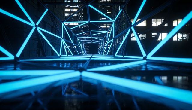 Glowing cyan truss tunnel with led lines reflecting on glossy floor, futuristic skybridge