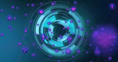 Futuristic circular hud scanning virtual medical interface in neon teal and purple