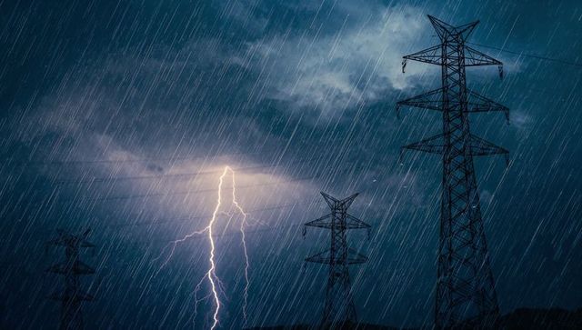 Electric towers in stormy weather with striking lightning