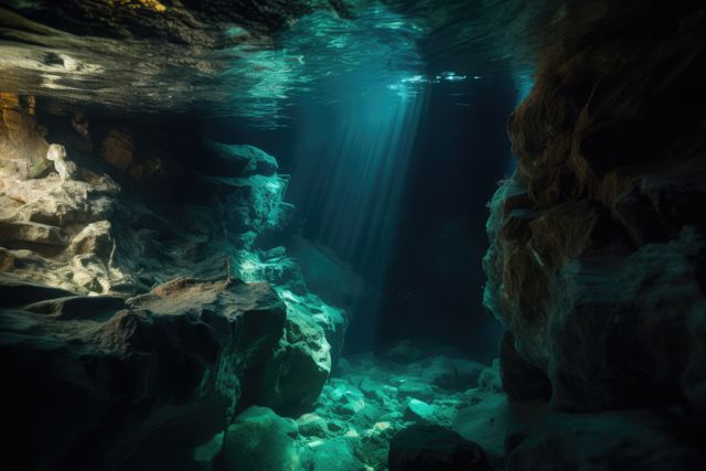 Rays of sunlight in underwater cave, created using generative ai technology. Nature, diving and underwater exploration concept digitally generated image.
