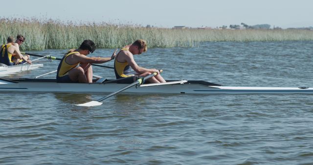 Team of Male Rowers Preparing for Race on Lake - Download Free Stock Images Pikwizard.com