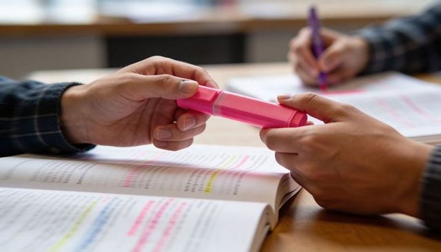 Students exchanging pink highlighter over open textbook, collaborative studying closeup