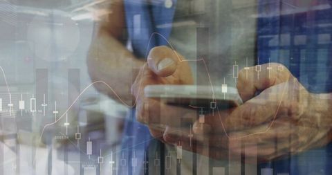 Hands scrolling smartphone with candlestick charts overlay showing mobile trading analytics