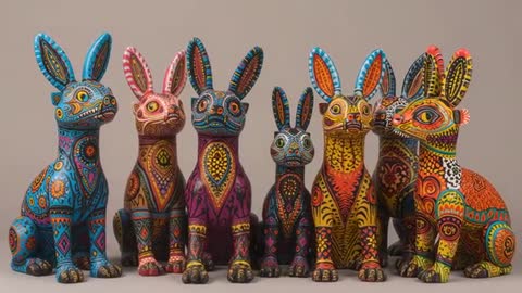 Zooming shot revealing seven hand-painted rabbit carvings with vibrant folk patterns