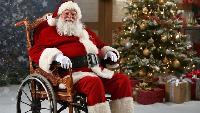 Joyful Santa Claus Sitting in Wheelchair by Christmas Tree