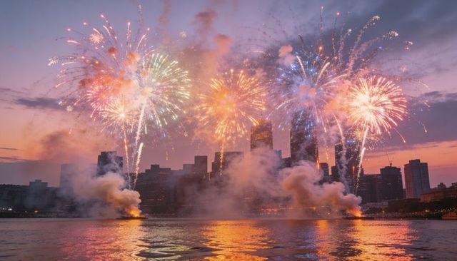 Exploding fireworks over riverside city skyline at dusk with vibrant water reflections
