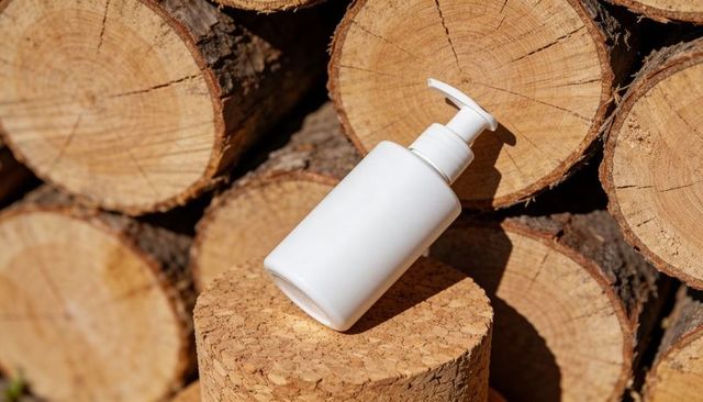 White pump dispenser bottle showcasing minimalist natural skincare branding on cork pedestal