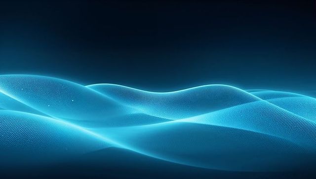 Cyan-blue mesh waveforms creating futuristic neon flow across dark gradient horizon