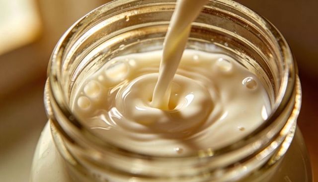 Pouring creamy milk into glass jar close-up with swirling ripples and warm light