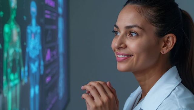 Smiling female clinician examining holographic anatomy display using ai medical interface