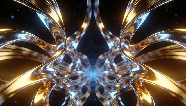 Twisting metallic ribbons forming luminous gold and blue tunnel with reflective symmetry