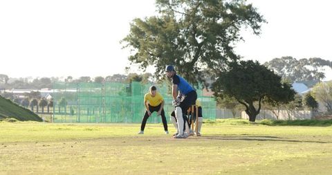 Players practicing cricket on sunny suburban pitch with netted background