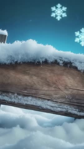 Translucent snowflakes drifting past snow-laden beam over soft snow under clear blue sky