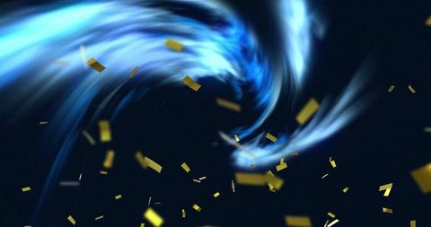 Swirling cyan light vortex with gold confetti and neon particle abstract scene