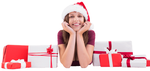 Smiling Woman in Santa Hat with Gifts on Transparent Background