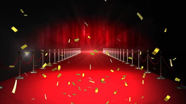 Bright and festive scene of red carpet illuminated by spotlights with cascading confetti highlights event grandeur and celebration mood. Perfect for themes relating to luxury, fashion events, movie premieres or Hollywood glamour. Ideal for use in promotional materials, party invitations, websites advertising important events, or any celebratory occasion banners.