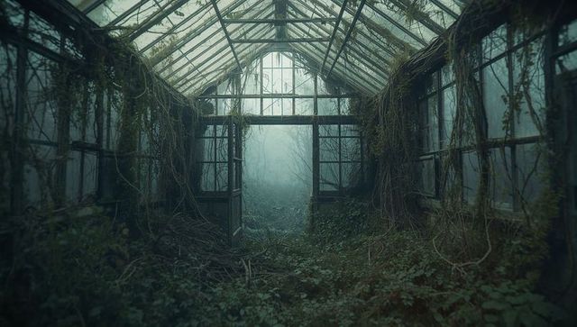 Eerie abandoned greenhouse with overgrown ivy and mist