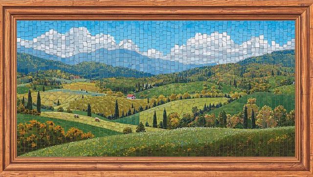 Framed mosaic tile landscape of rolling hills, farmhouse, cypress trees and meadow flowers