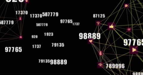 Visual displays interconnected numbers and digital icons, showcasing network of connections symbolizing global communication and technology. Useful for presentations on digital innovation, cybersecurity, or data analysis.