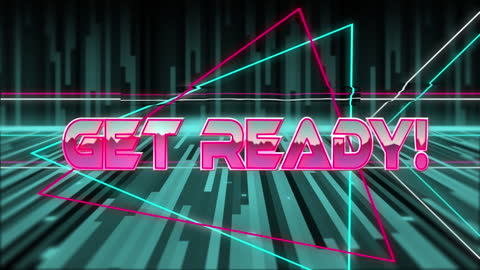 Retro Neon Graphic with Game Theme and Geometric Patterns