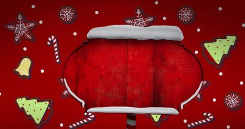 Festive Wooden Sign on Red Background with Christmas Icons