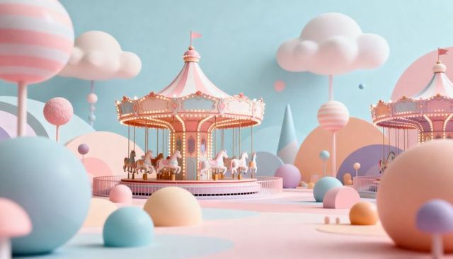 Whimsical pastel carousel with illuminated horses in dreamy toyland amusement scene vintage