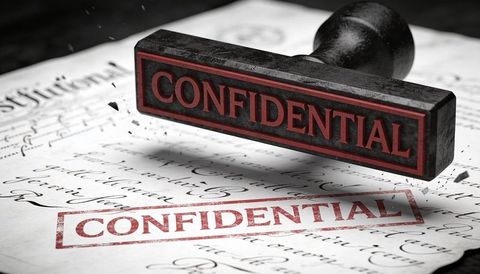 Pressing Confidential Stamp Leaving Red Impression on Handwritten Document