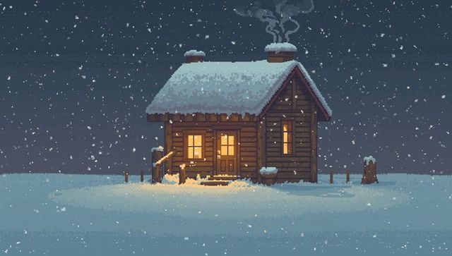 Cozy pixel art log cabin glowing in snowy night with smoking chimneys and warm lit windows