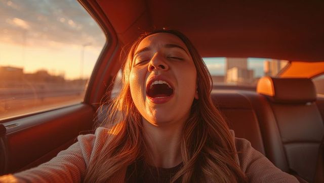 Passenger yawning while enjoying sunset views in car