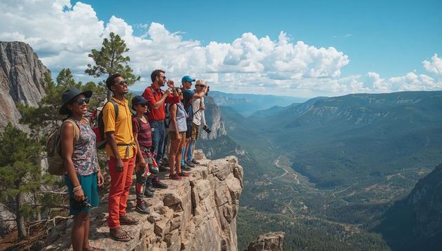Group standing on cliff edge overlooking vast mountain valley with binoculars and backpacks
