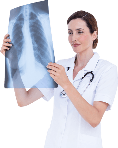 Female doctor analyzing transparent chest x-ray film for patient assessment