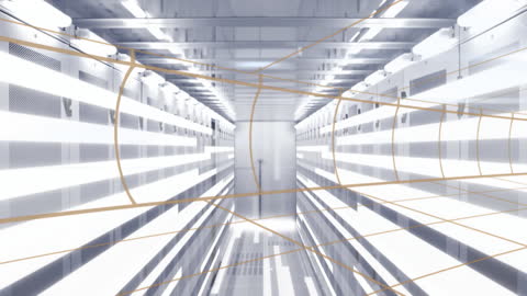 Futuristic Digital Interface with Moving Columns in Server Room