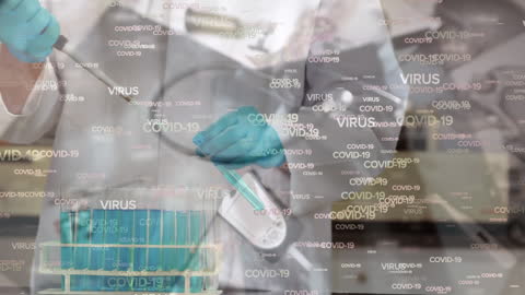 Scientist in Lab with Covid-19 Virus Analysis Visual Overlay