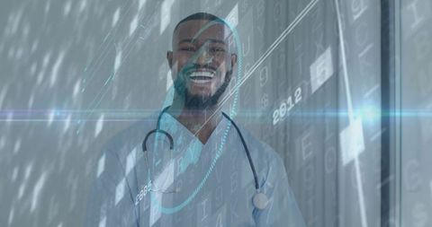Smiling doctor with stethoscope and futuristic holographic medical data overlay