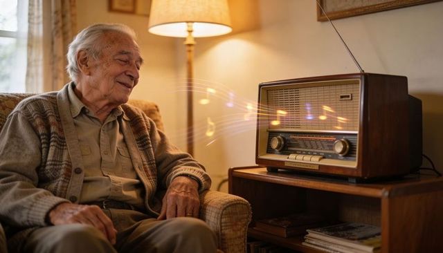 Warm senior man listening to vintage radio in cozy living room with glowing musical notes