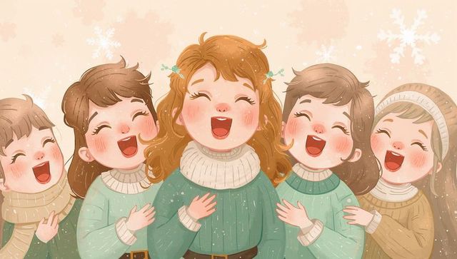 Singing Children Caroling in Cozy Knit Sweaters and Turtlenecks with Snowflakes
