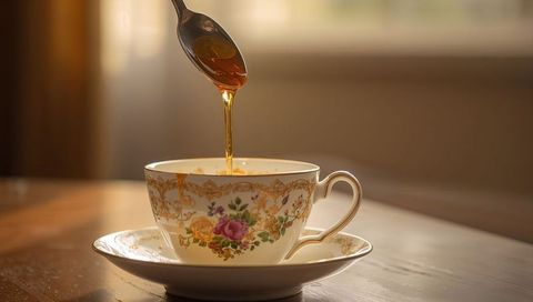 Drizzling Honey Pouring into Vintage Floral China Teacup on Sunlit Wooden Table