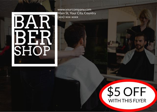 This image features a modern barbershop flyer template showcasing a haircut service. Ideal for businesses promoting barbershop services, advertising special discounts, job postings, and apprenticeship opportunities. The flyer includes space for company information and a prominent $5 off discount offer to attract customers. Perfect for both digital and print marketing campaigns in the men’s grooming industry.