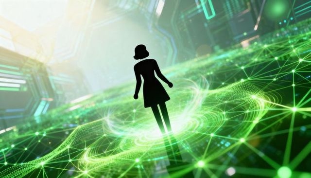 Standing female silhouette navigating neon cyberspace grid with holographic rings