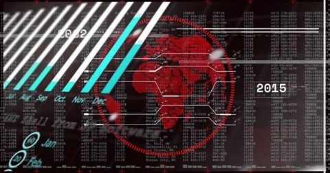 Rotating red cyber globe hud with hexagonal circuit visuals, data streams, timeline