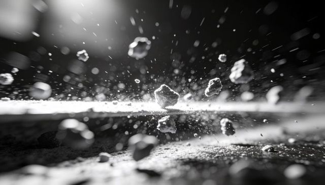 Capturing backlit monochrome rock fragments flying with fine dust and dramatic bokeh