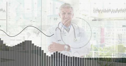 Standing Doctor with Stethoscope and Technology Overlays in Clinic