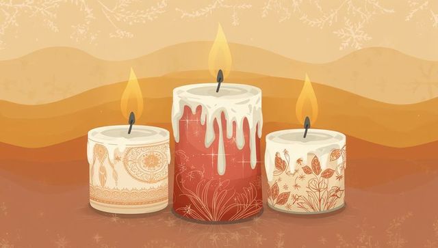 Cozy autumn pillar candles with dripping wax and ornate floral patterns